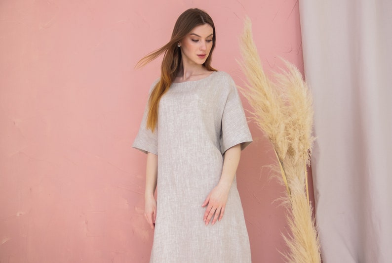 Linen maxi dress with sleeves, Linen oversized dress with pockets, Half sleeve maxi dress, Linen tunic dress women, Loose linen dress image 1