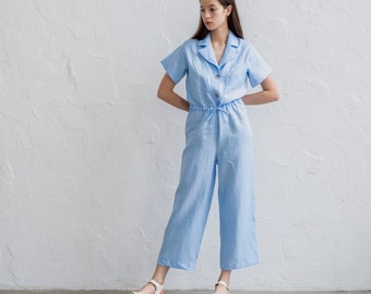 Combinaison bleue femmes, combinaison en lin femmes, combinaison wrap en lin, barboteuse en lin, salopette en lin femmes, combishort en lin, femmes costume en lin