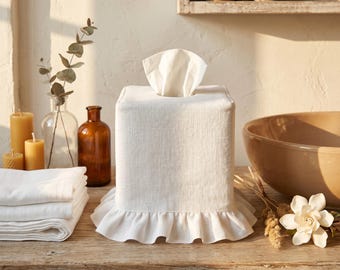 Copri scatola per fazzoletti in lino, copri scatola per fazzoletti con volant, porta fazzoletti, copri scatola per fazzoletti in stile rustico, decorazioni neutre per il bagno, decorazioni rustiche per la casa