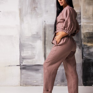 Linen two piece set women,Linen outfit women,Linen crop tops,Linen suit women,Linen set womens clothing,Crop top and pant set image 3