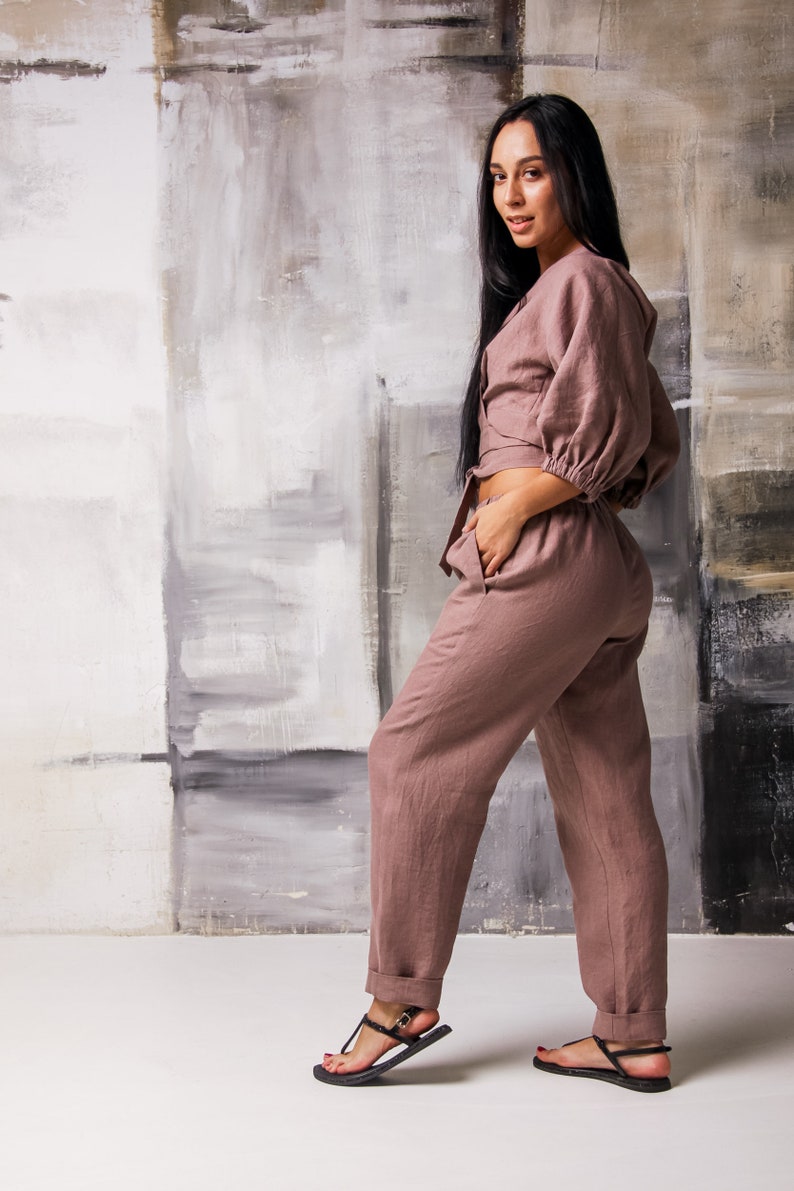 Linen two piece set women,Linen outfit women,Linen crop tops,Linen suit women,Linen set womens clothing,Crop top and pant set image 3