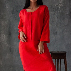 Formal linen dress, Red long sleeve dress, Organic linen dress, Loose linen dress, Long summer dresses for women, Linen maxi dress image 2
