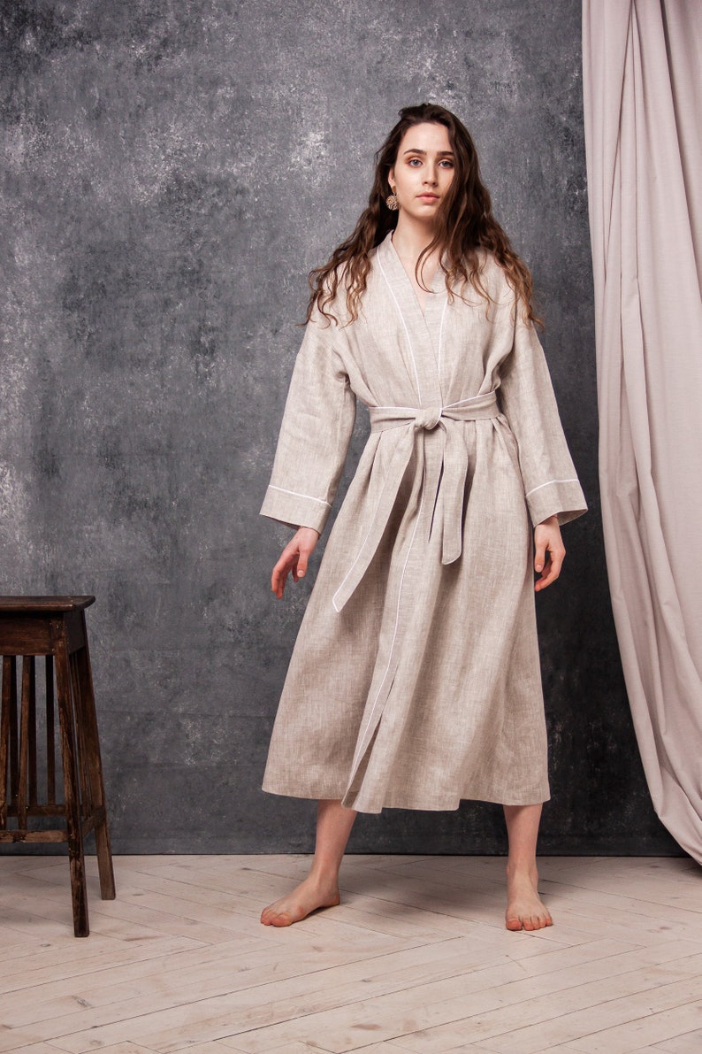 Linen Womens Robe,Linen Organic Robe,Linen Long Kimono Pockets,Linen Wrap Bath Robe,Linen Belted Womens Bathrobe,Linen White Kimono Robe image 1