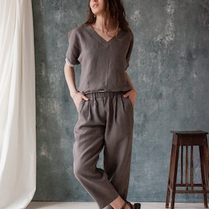 Top a maniche lunghe in lino, set da donna in lino, set da due pezzi in lino da donna, pantaloni di lino casual, abito da 2 pezzi per donna, pantaloni di lino da donna immagine 1