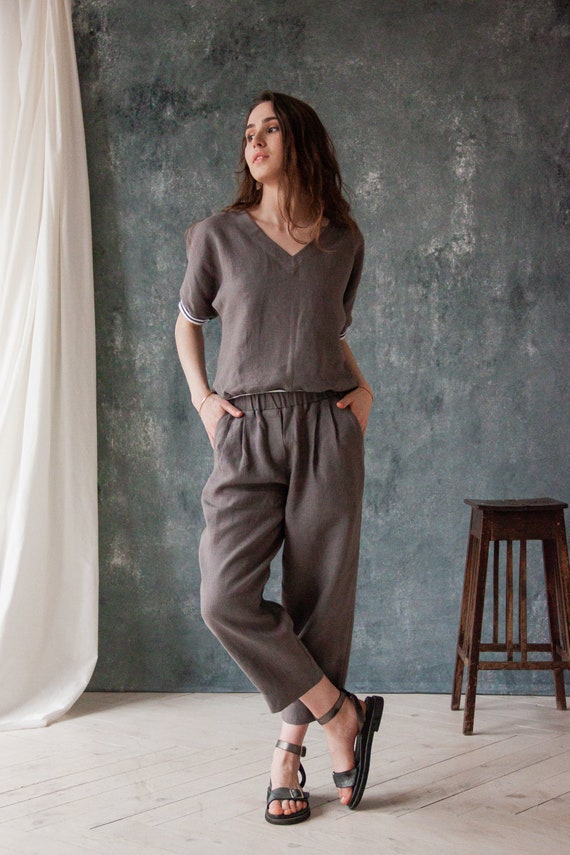 Conjunto de ropa de lino, conjunto de lino para mujer, pantalones