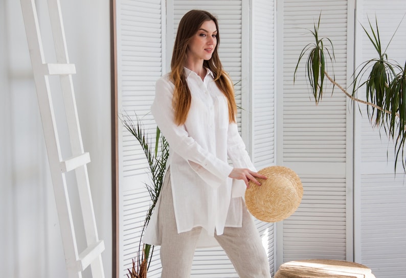 Linen blouse women, White linen shirt women, Linen collar shirt, White linen top for women, Long sleeve shirt women, Long blouse, Long shirt image 1