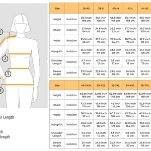 Op de afbeelding: Een maattabel voor kleding met metingen in inches en centimeters. De tabel toont de verschillende maten en hun overeenkomstige metingen voor lengte, borst, taille, heupomtrek, schouderbreedte en mouwlengte.