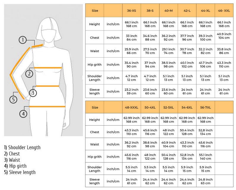 Op de afbeelding: Een maattabel voor kleding met metingen in inches en centimeters. De tabel toont de verschillende maten en hun overeenkomstige metingen voor lengte, borst, taille, heupomtrek, schouderbreedte en mouwlengte.