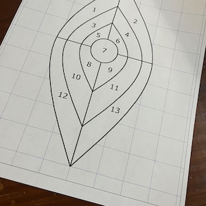 May include: A black and white target with 13 numbered circles, resembling a bullseye, on a white grid background. The target is shaped like a teardrop.