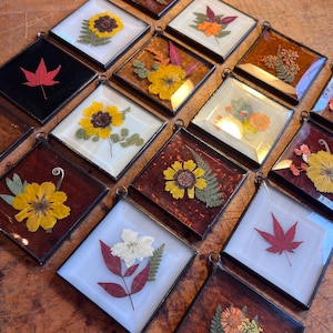 May include: A collection of square glass ornaments featuring pressed flowers, leaves, and ferns encased in dark metal frames. Each piece displays unique botanical arrangements on either clear or amber-toned backgrounds, with a circular tag labeled JThrees Glass Art.