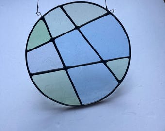 Stained glass Round Abstract Panel Suncatcher- Blue