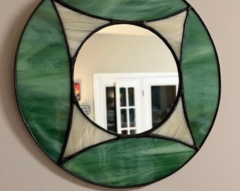 Stained Glass Mirror- Mid Century Modern Mirror, Green and Ivory Round stained glass Mirror