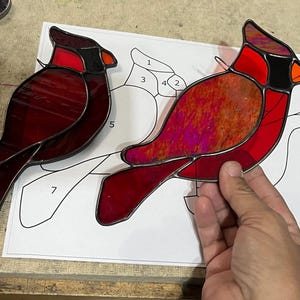 Op de afbeelding: Twee gebrandschilderde kardinaalvogels, één rood en één met een rood-roze verloop, liggen op een wit papieren patroon met nummers. De vogels worden vastgehouden door een hand.