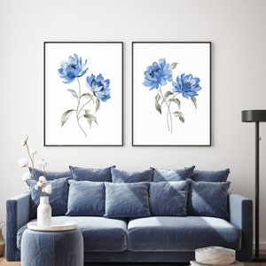 Watercolor Flower Painting Set of 2, Peony Painting, Peony Wall Art, Blue Wall Art, Blue Prints Blue Decor, Blue Painting, Floral Print Set