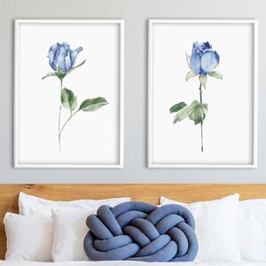 Watercolor Blue Roses Set of 2, Blue Flower Print Set, Blue Flower Art, Blue Roses Painting, Flower Painting Set, Blue Floral, Bedroom Wall