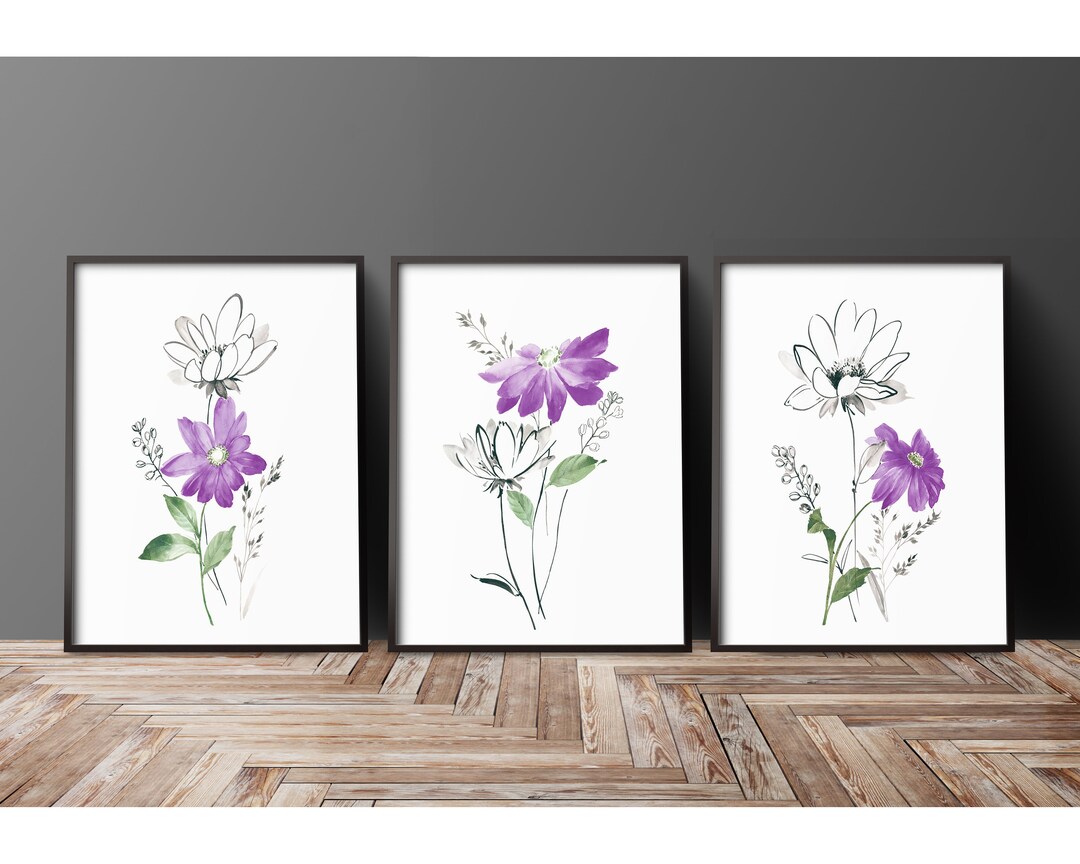 Abstract Purple Flower Print Set of 3, Bedroom Wall Art, Living Room