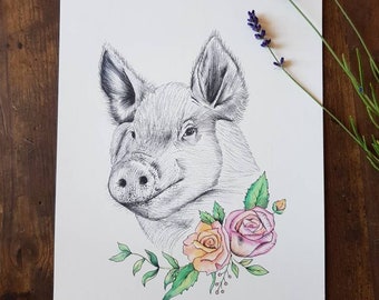 Pablo - Charity Pig Portrait, charity art, animal illustration, pig art, vegan art, art print, giclee print, farm animal art, pig drawing