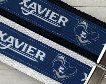 Xavier University Musketeers inspired Keychain, key fob, Merch, luggage tag, wrist strap, alumni bling, grad gift, grosgrain ribbon