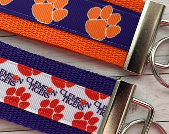 Clemson Tigers inspired keychain, key chain, key fob, key ring, luggage tag, wrist strap, college ribbon, grad gift, Clemson alumni, merch