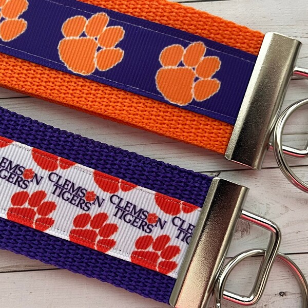 Clemson Tigers inspired keychain, key chain, key fob, key ring, luggage tag, wrist strap, college ribbon, grad gift, Clemson alumni, merch