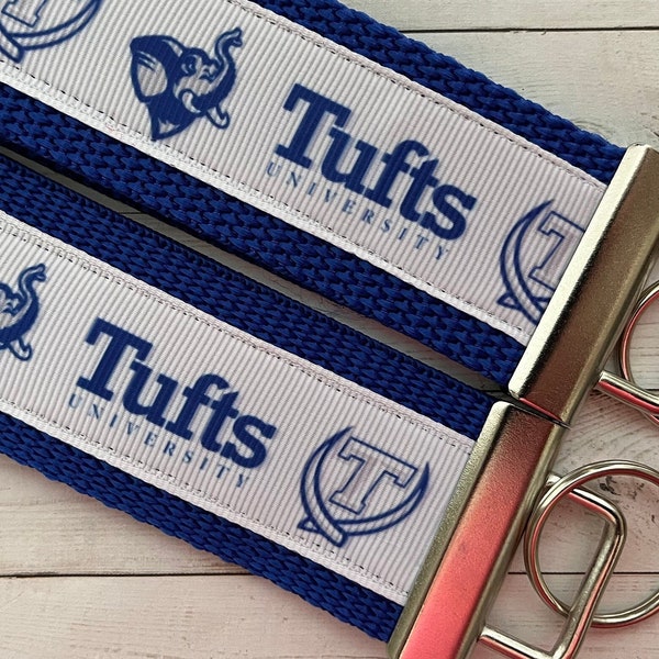 Tufts University inspired Keychain, key chain, key ring, luggage tag, Key fob wrist strap, grad gift, grosgrain ribbon, Jumbo, alumni, merch