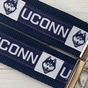 UCONN Huskies inspired Keychain, key chain, key fob, key ring, luggage tag, wrist strap, alumni grad gift, UCONN Purse Strap, CT, merch
