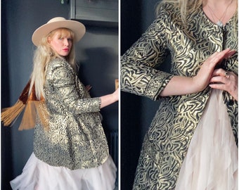 Vintage Gold U.K. 14 Jacket | Longline Jacquard Coat | Luxe Abstract Metallic Brocade Suit