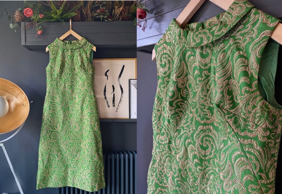1960s Brocade UK 12 Handmade Green & Gold Metallic