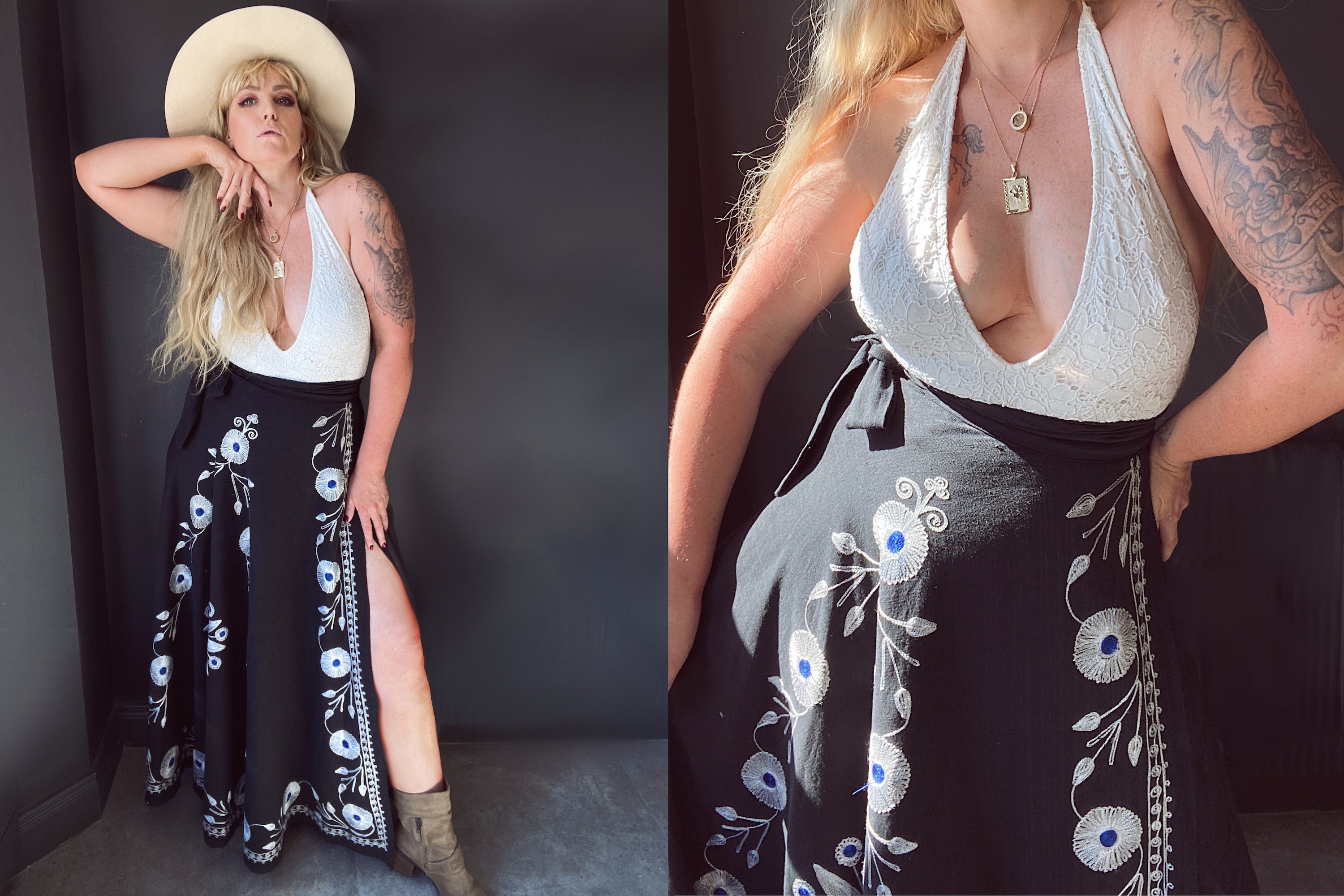 Image of Vintage S U.k. - Black Maxi Wrap Skirt Embroidered Cotton Blue & White Embellished Floral Boho Pattern Hippy Minimalist