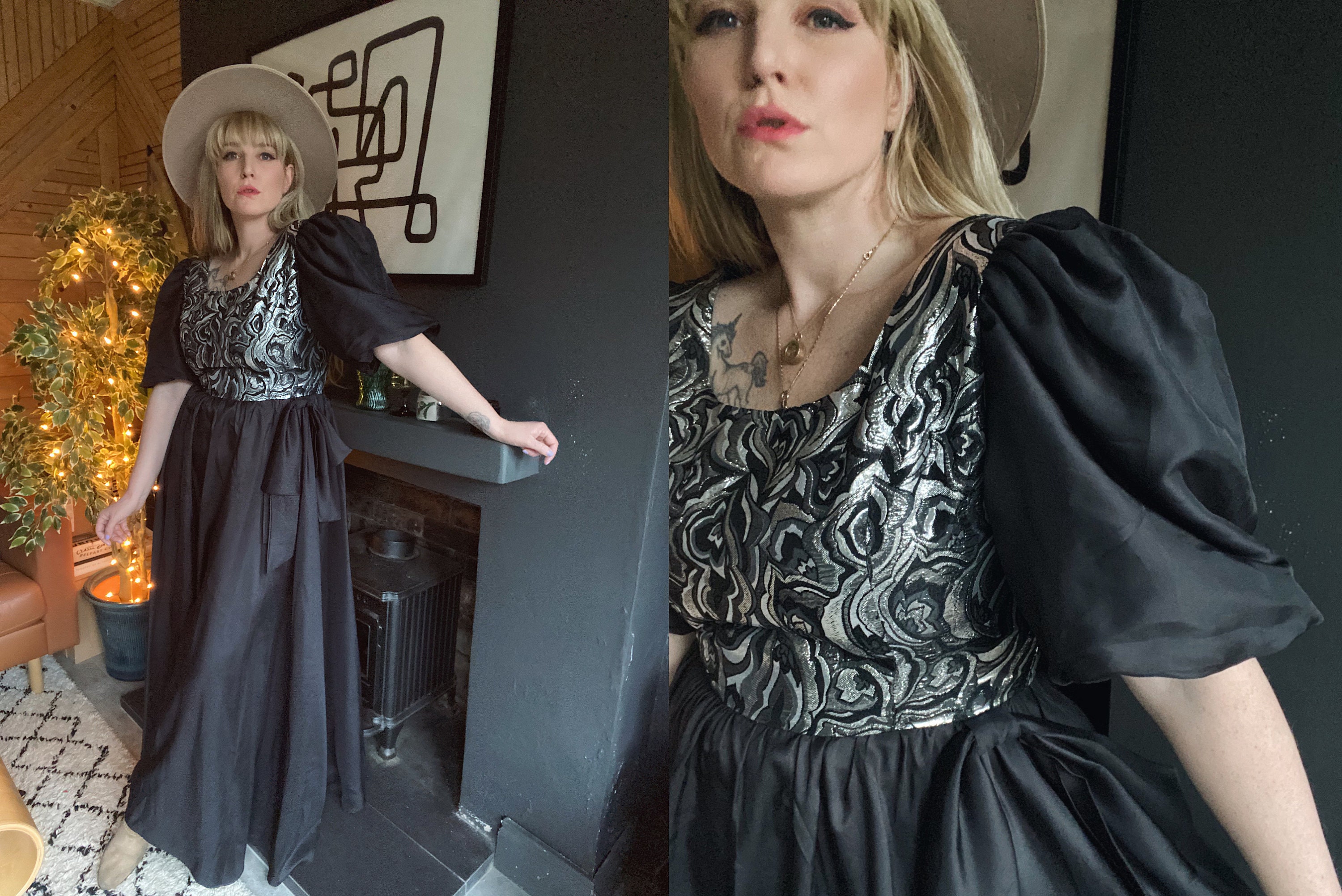 Image of S Winsley U.k.  Xl Puff Sleeve Maxi Prom Dress Silver Jacquard Bodice