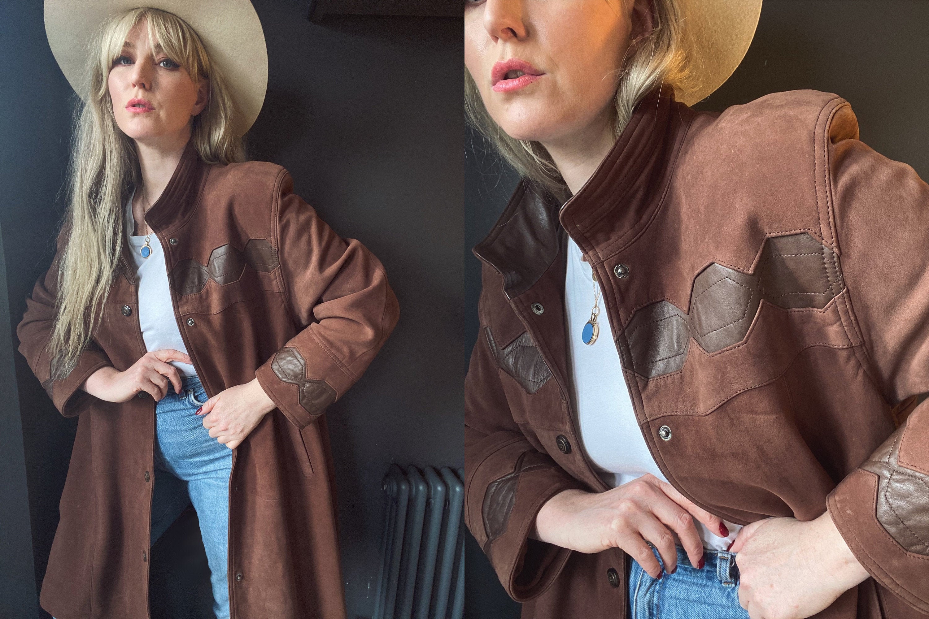 Image of S Ultra Soft Uk - Brown Suede Jacket Longline Midi Coat Geometric Leather Panelled Unisex Kid Skin Shacket