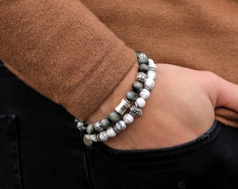 Armband van witte howlietkralen, barongmasker van sterling zilver, sieraden met edelstenen