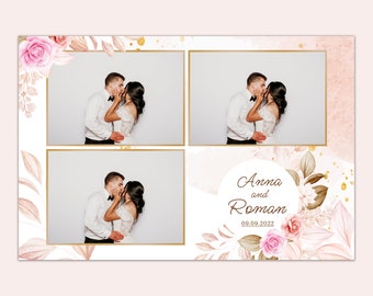 May include: A wedding photo booth backdrop with a white background and gold frames. The backdrop is decorated with watercolor flowers in shades of pink and brown. The text "Anna and Roman 09.09.2022" is written in brown cursive on a white circle.