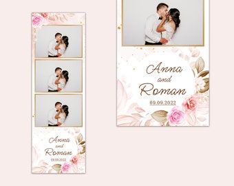 May include: A photo booth backdrop with a floral design in shades of pink and brown. The backdrop features the names "Anna and Roman" and the date "09.09.2022".