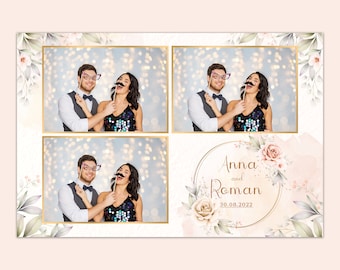 May include: A photo booth template with four photo frames. The frames are decorated with floral designs and a gold border. The text "Anna and Roman 30.08.2022" is in the bottom right corner.