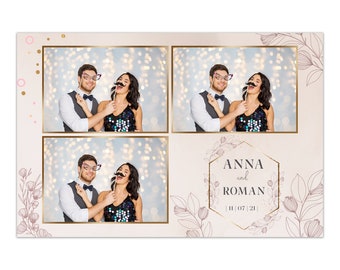 May include: A photo booth backdrop with four photo frames, each showing a couple posing with props. The backdrop is beige with gold accents and a floral design. The text "ANNA and ROMAN | 11.07.21" is in the bottom right corner.