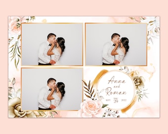May include: A photo booth backdrop with a white background and gold accents. The backdrop features floral designs with peach and green roses. The text "Anna and Roman" is written in gold script with the date "THU SEPT 29 2022" below it.