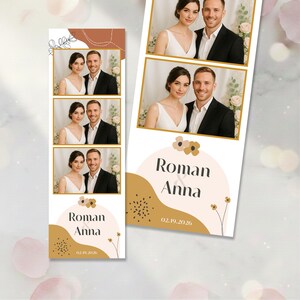 May include: Photo booth strips featuring a smiling couple in formal attire. The strips have a gold border and include the names "Roman & Anna" and the date "02.19.2026" in a modern font. The background has abstract shapes and floral accents.
