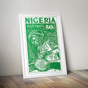 Nigeria Pottery Vintage Stamp Poster - African Art Print -Travel Art - African Wall Art Decor  - Black Art and Boho Style - Vintage Stamp