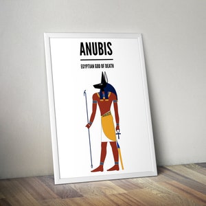 May include: Anubis, the Egyptian god of death, is depicted as a jackal-headed man with a red body, a blue collar, and a yellow kilt. He holds a staff in his left hand and an ankh in his right hand.