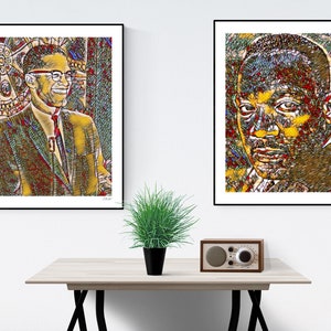 May include: Two framed black and white portraits of famous African American men. The portraits are in a stylized, pixelated style with a yellow, red, and blue color scheme. The portraits are hanging on a white wall above a wooden table with a green plant and a vintage radio.