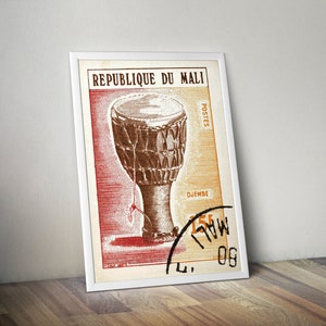 Mali Djembe Drum Art Print: Vintage African Stamp Poster