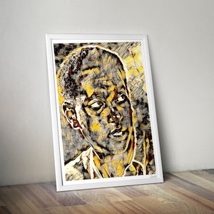 May include: A black and white stylized portrait of a man with a yellow and brown background. The man's face is the focus of the image, with his eyes looking down and to the right. The image is created using a digital art style.