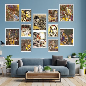 May include: A collage of framed portraits of various people, all in a colorful, pixelated style. The portraits are arranged in a grid pattern on a light blue wall. The portraits are all of different people, but they all have a similar style.