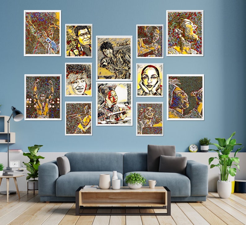 May include: A collage of framed portraits of various people, all in a colorful, pixelated style. The portraits are arranged in a grid pattern on a light blue wall. The portraits are all of different people, but they all have a similar style.