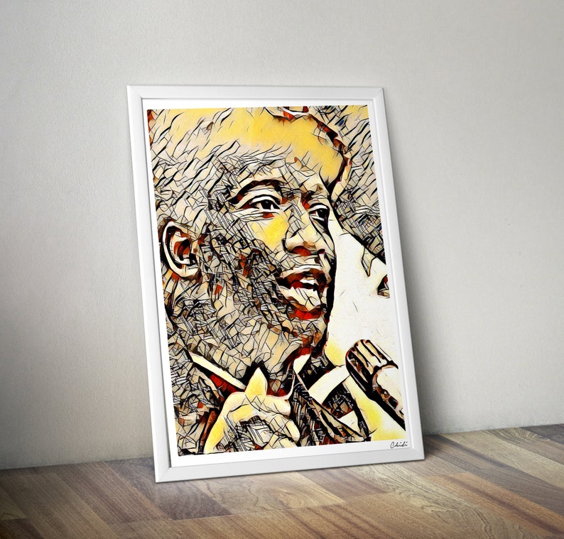 May include: A digital art print of a man speaking into a microphone. The image is in a yellow, orange, and brown color scheme. The man's face is the focus of the image.