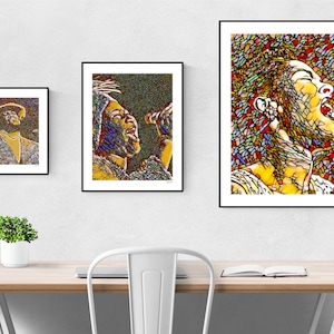 May include: Three framed art prints of singers with a stained glass style. The prints are in black frames and are hanging on a white wall. The prints are of different sizes.