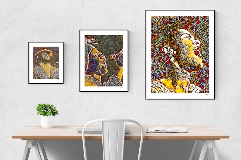 May include: Three framed art prints of singers with a stained glass style. The prints are in black frames and are hanging on a white wall. The prints are of different sizes.