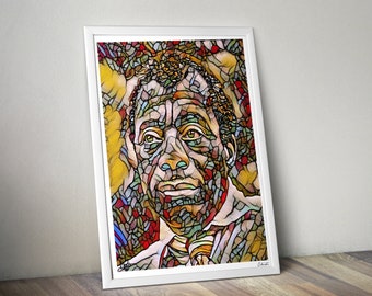 May include: A stained glass style portrait of a man with a colorful background. The man has brown skin, brown hair, and brown eyes. The background is made up of many different colored pieces of glass.