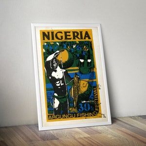 Nigeria Fishng Poster - Afrikanischer Kunstdruck - Reise Kunst - Afrikanische Wand Kunst Dekor - Schwarze Kunst und Boho Stil - Vintage Stempel